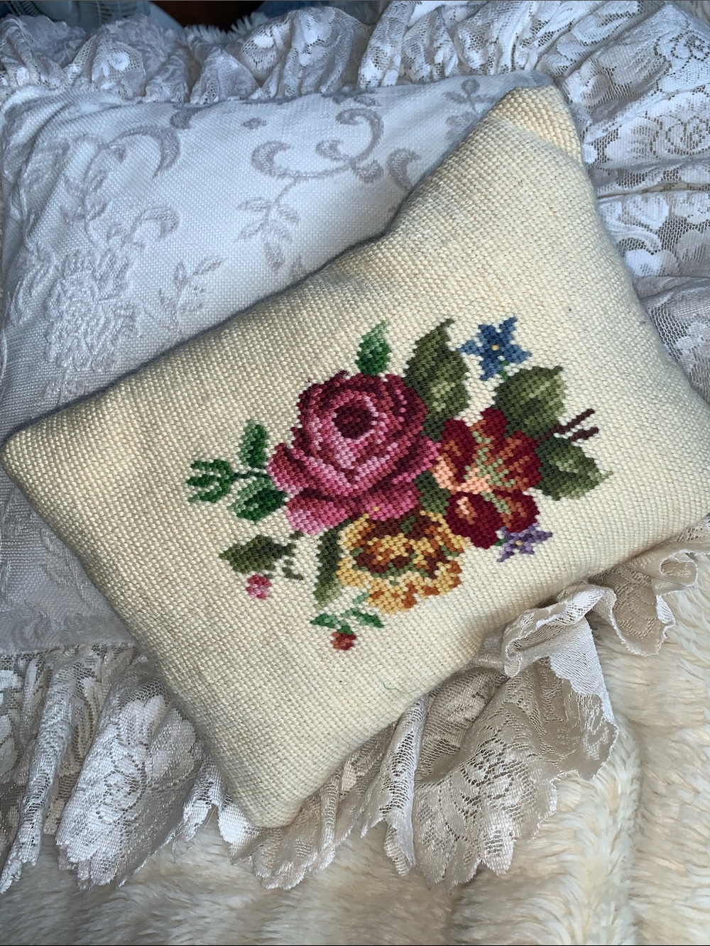 Vintage needlepoint roses cushion pillow cottage